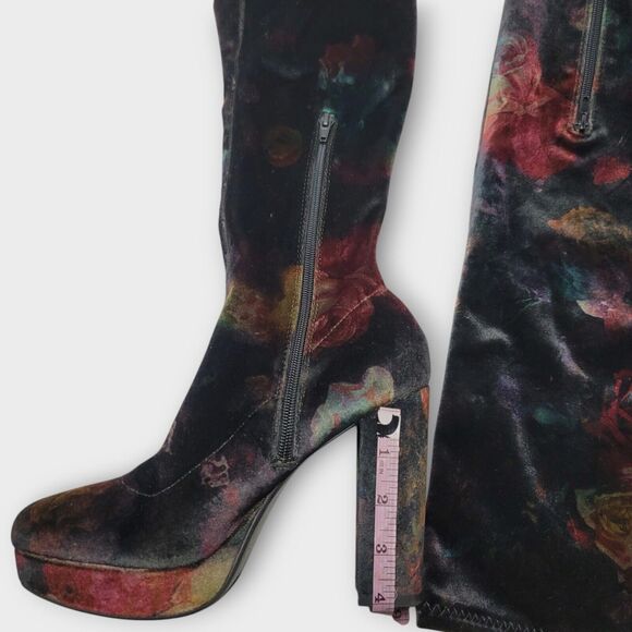Madden Girl Groupie Black Floral Velvet Over The Knee Platform Heel Boot Size 9 - Picture 7 of 13